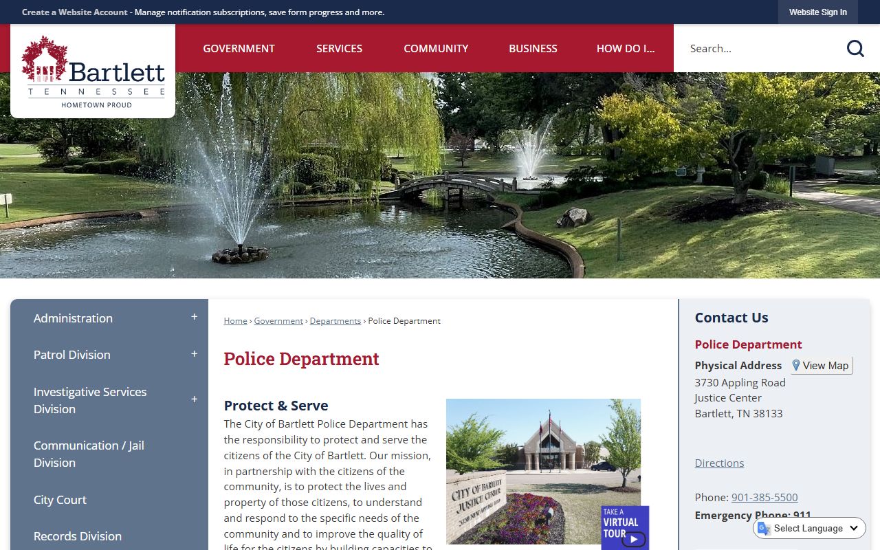 Bartlett Police Department website showing department information and records access