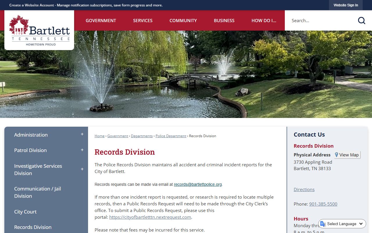 Bartlett Police Records Division page showing available records and request procedures