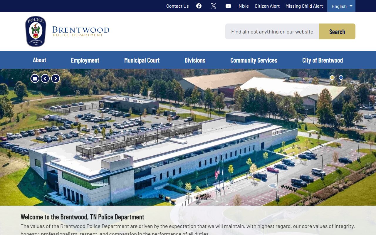 Brentwood Police Department website showing department structure and contact information