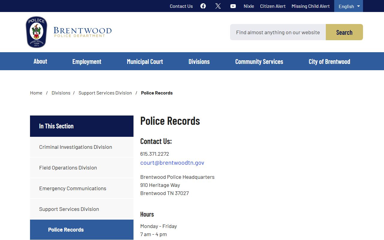 Brentwood Police Records Division page with hours and contact details