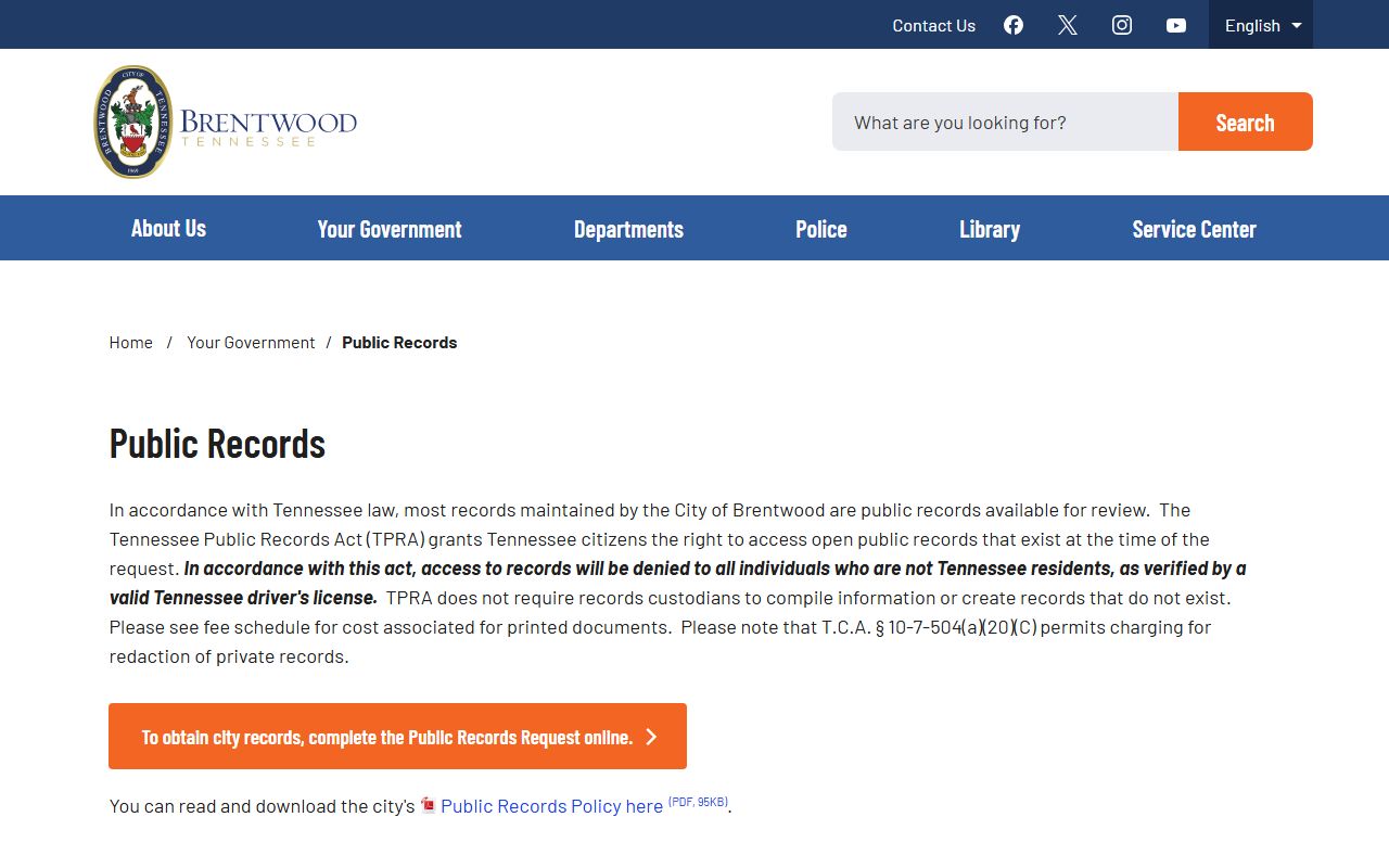 Brentwood public records page with Tennessee Public Records Act information