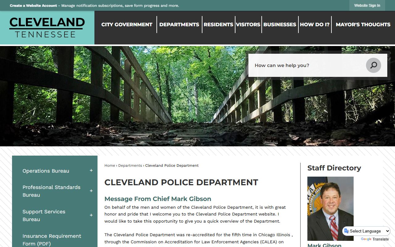 Cleveland Police Department website showing contact information and department structure