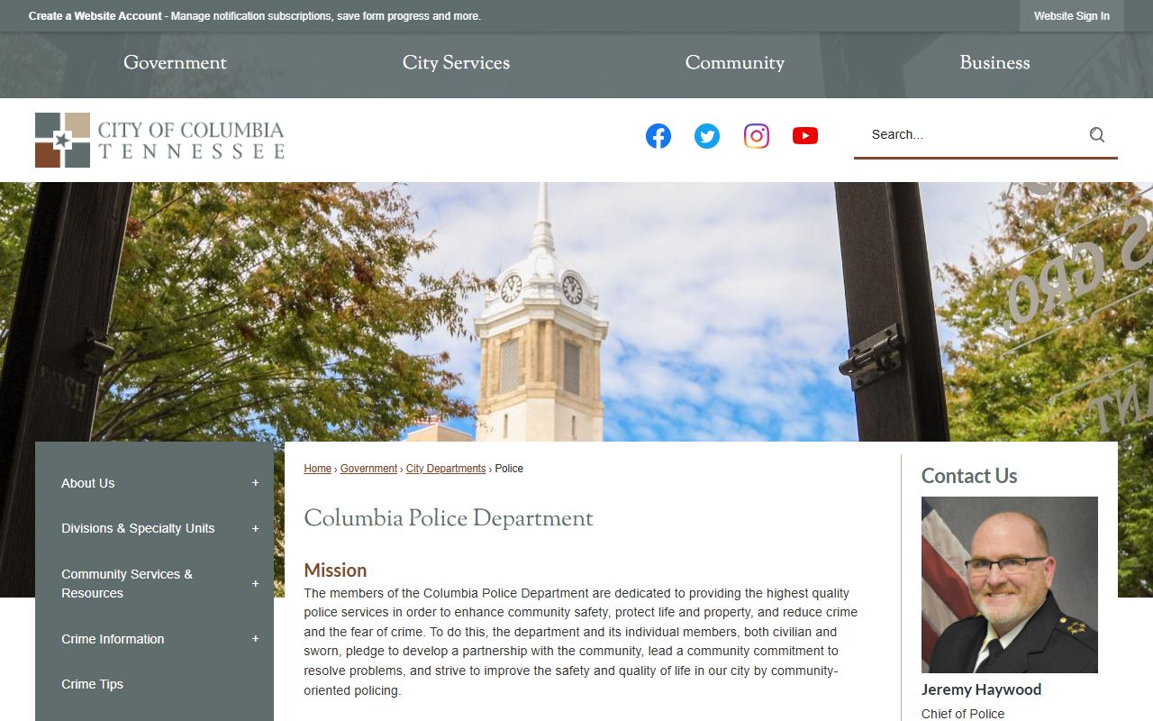 Columbia Police Department website showing department divisions and contact information