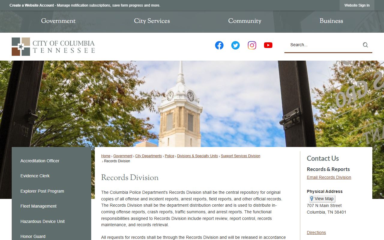 Columbia Police Records Division page with details on requesting arrest records and reports