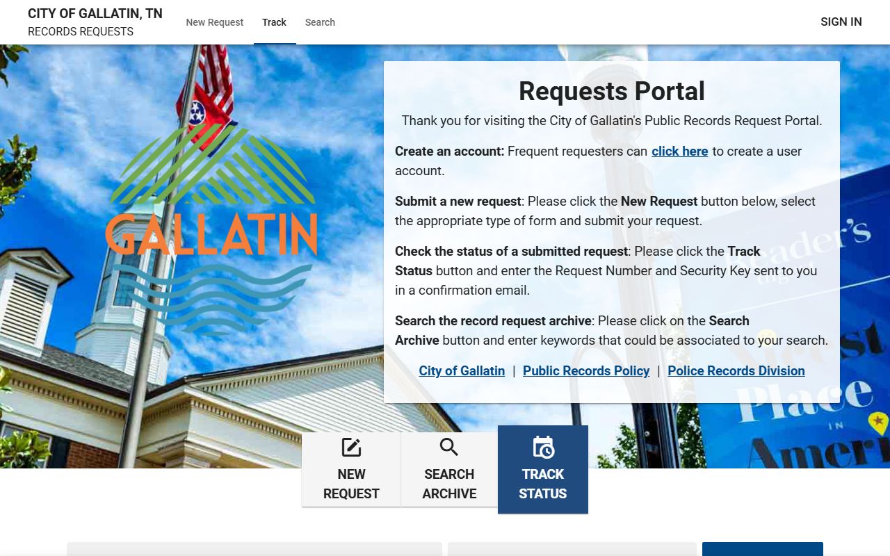 City of Gallatin public records request portal for arrest records and police files