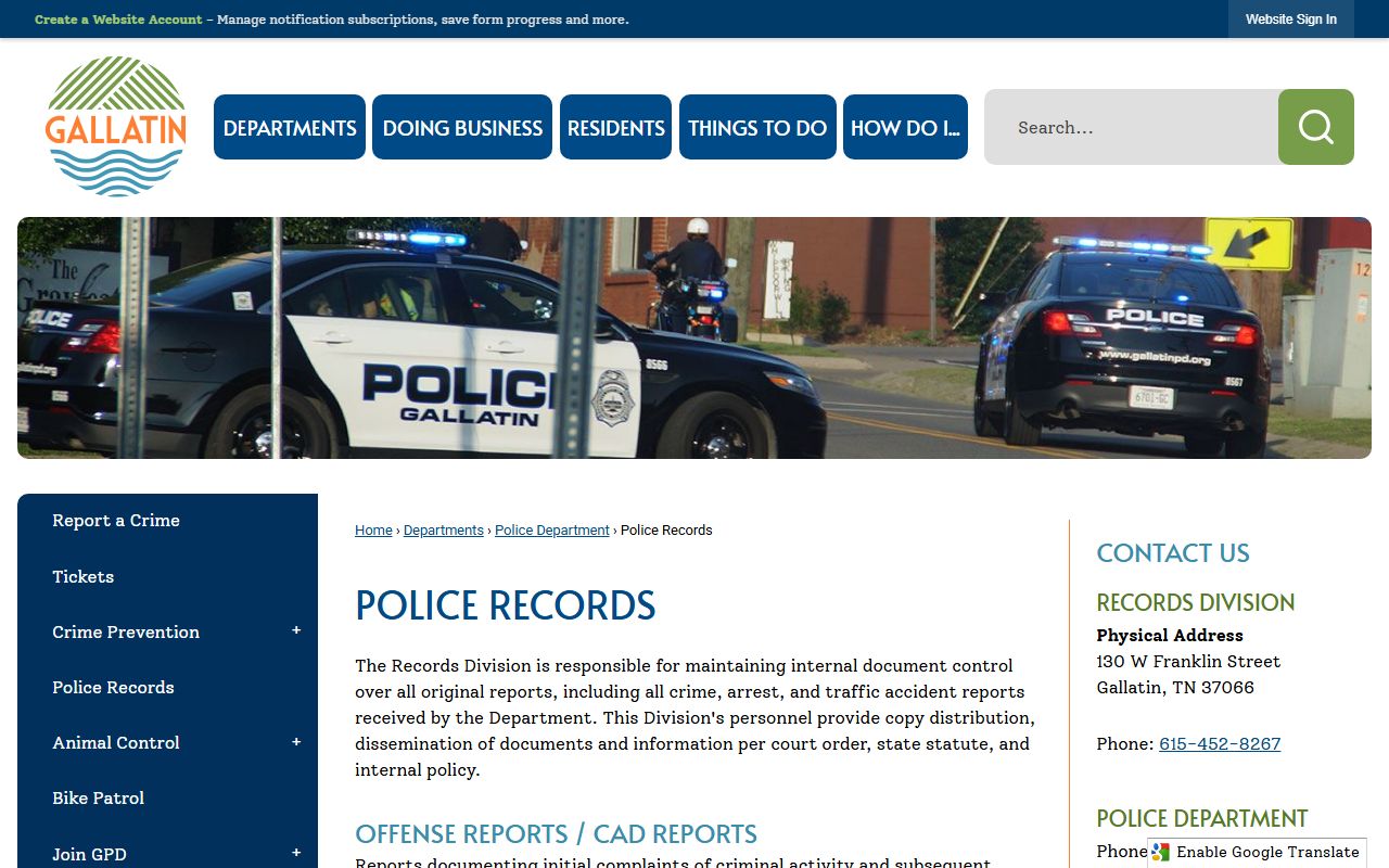 Gallatin Police Department records page for requesting arrest records in Gallatin Tennessee