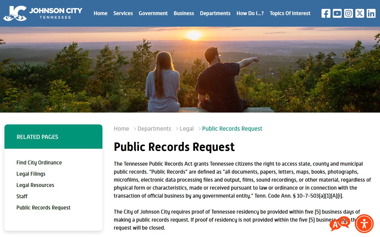 Johnson City public records request page for arrest records