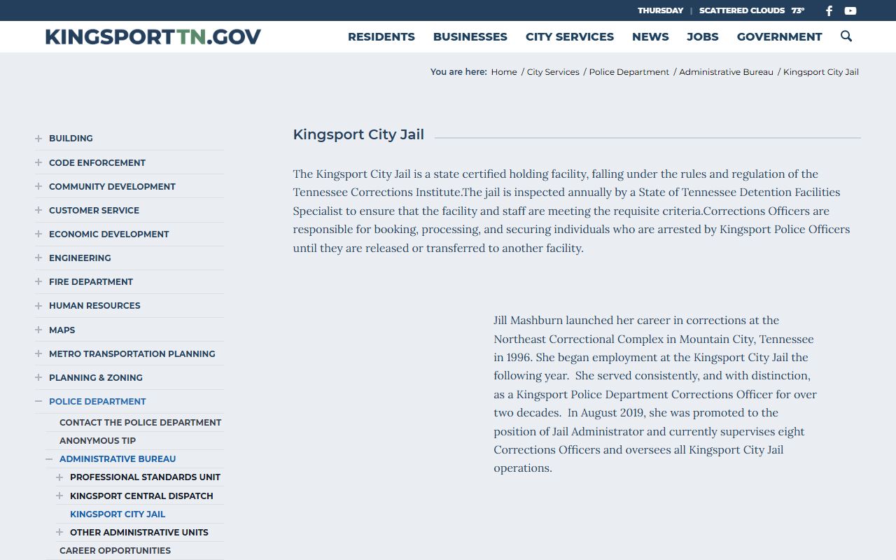 Kingsport jail information page