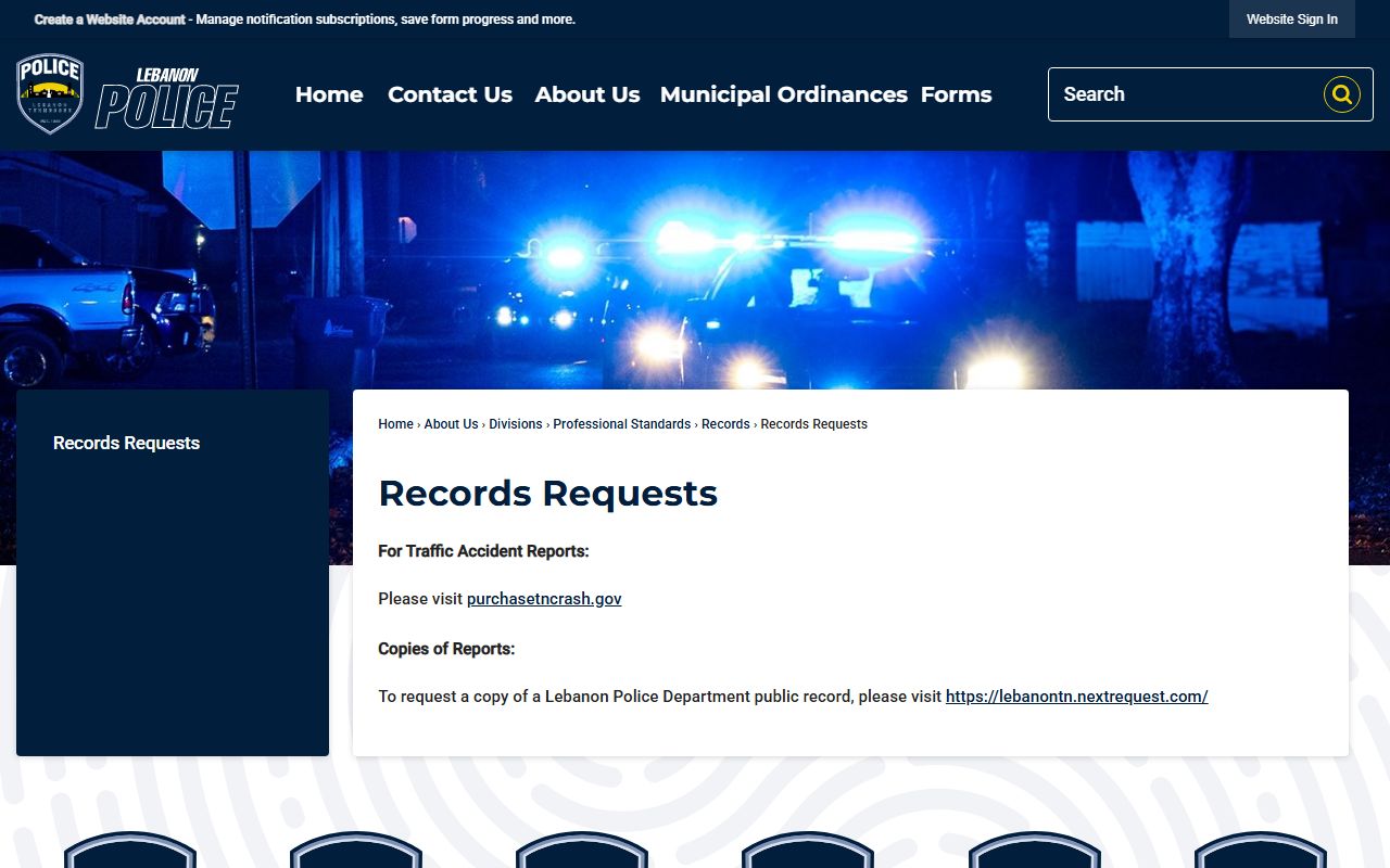 Lebanon Police Department records page for arrest record requests