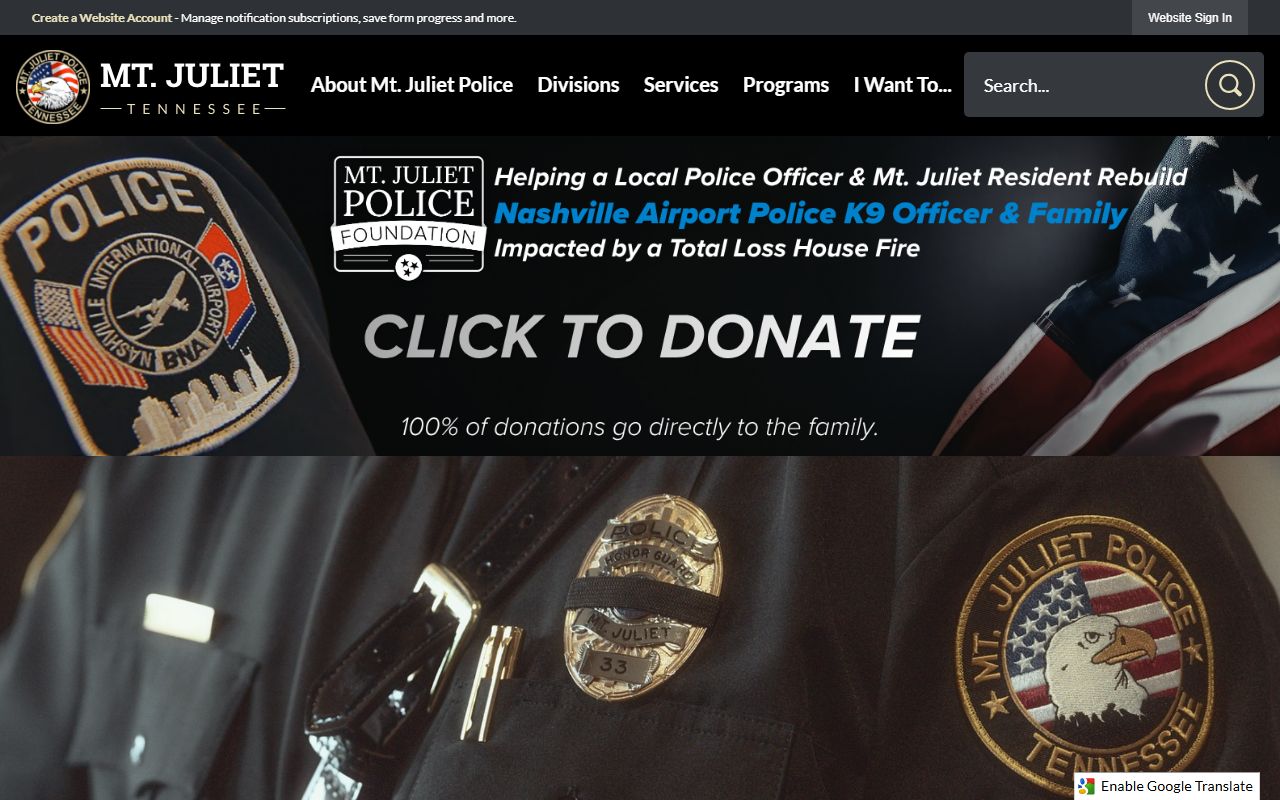 Mount Juliet Police Department website with department information and records access links