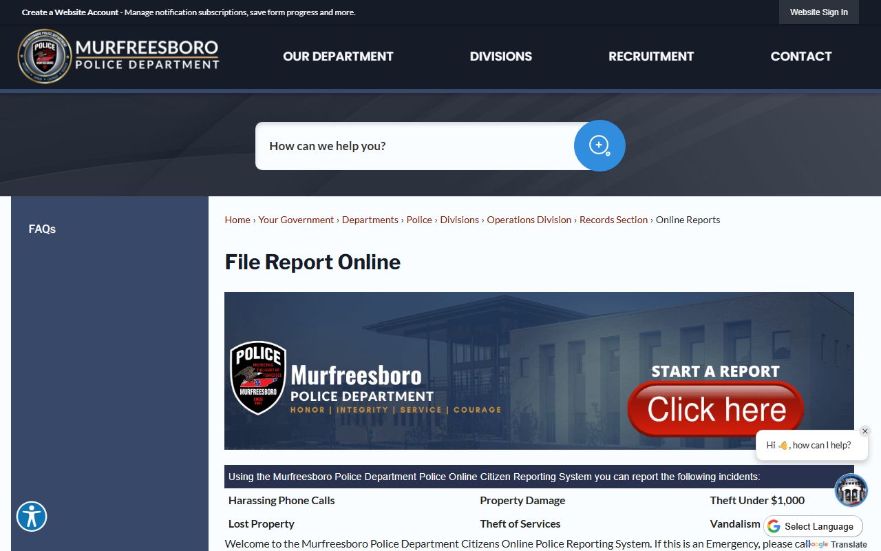 Murfreesboro Police Department website for arrest records