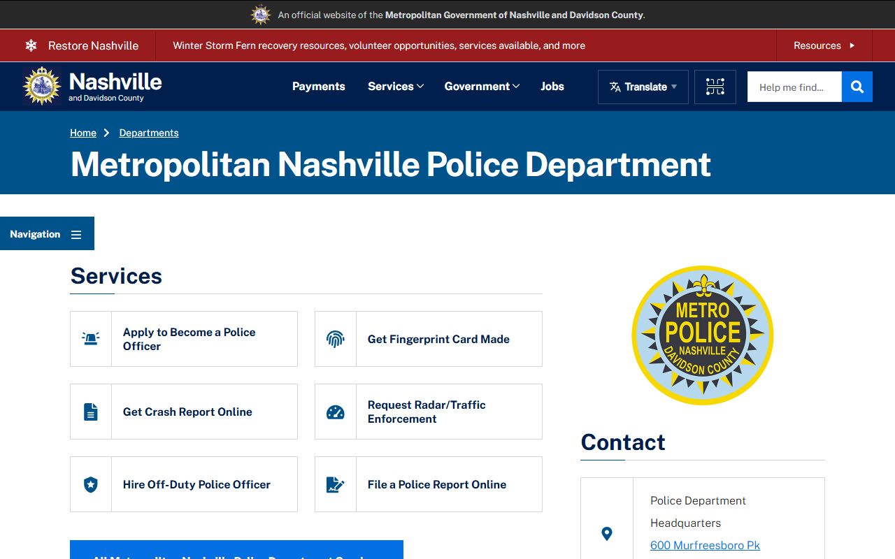 Metro Nashville Police Department website for Nashville arrest records