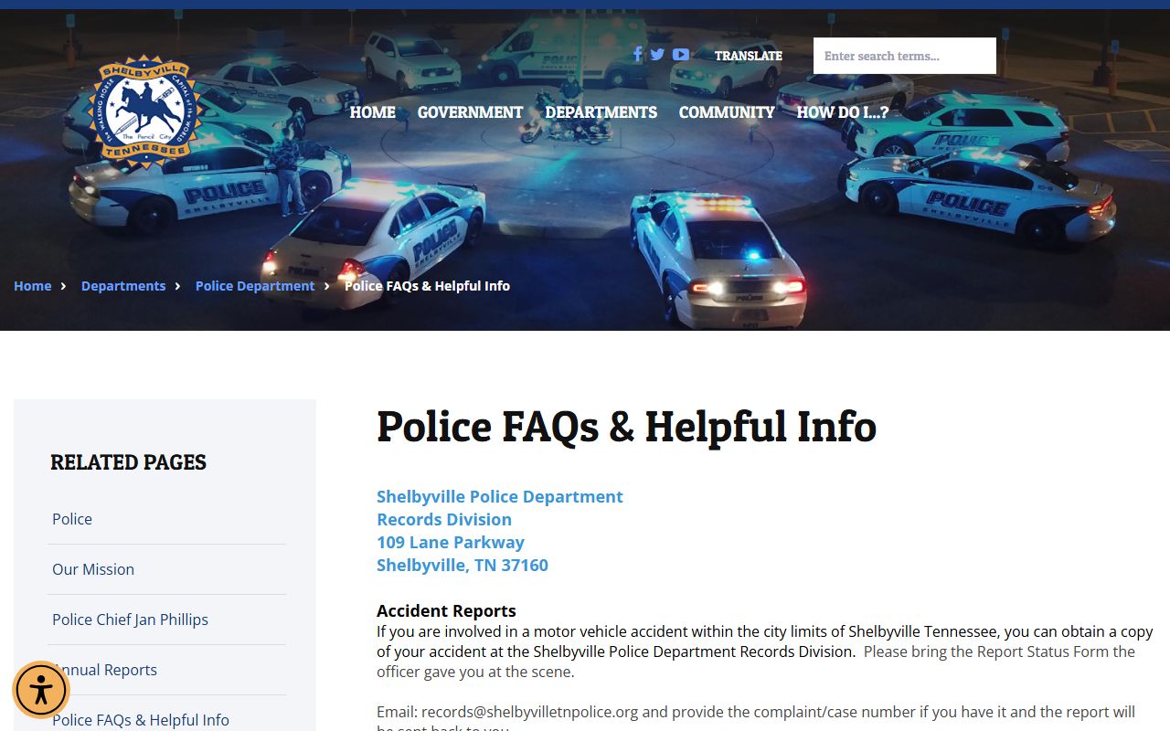 Shelbyville Police FAQs and helpful information page