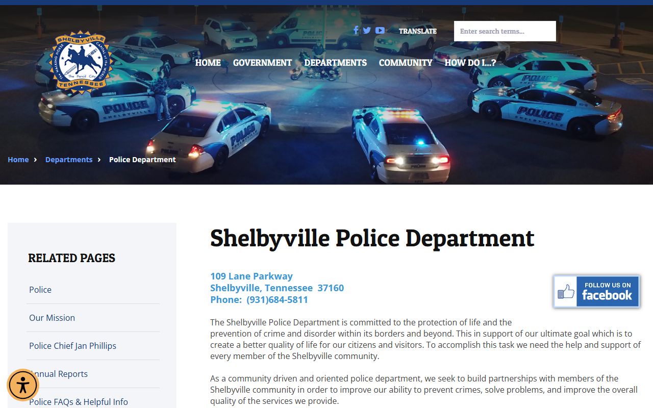 Shelbyville Police Department website for arrest records