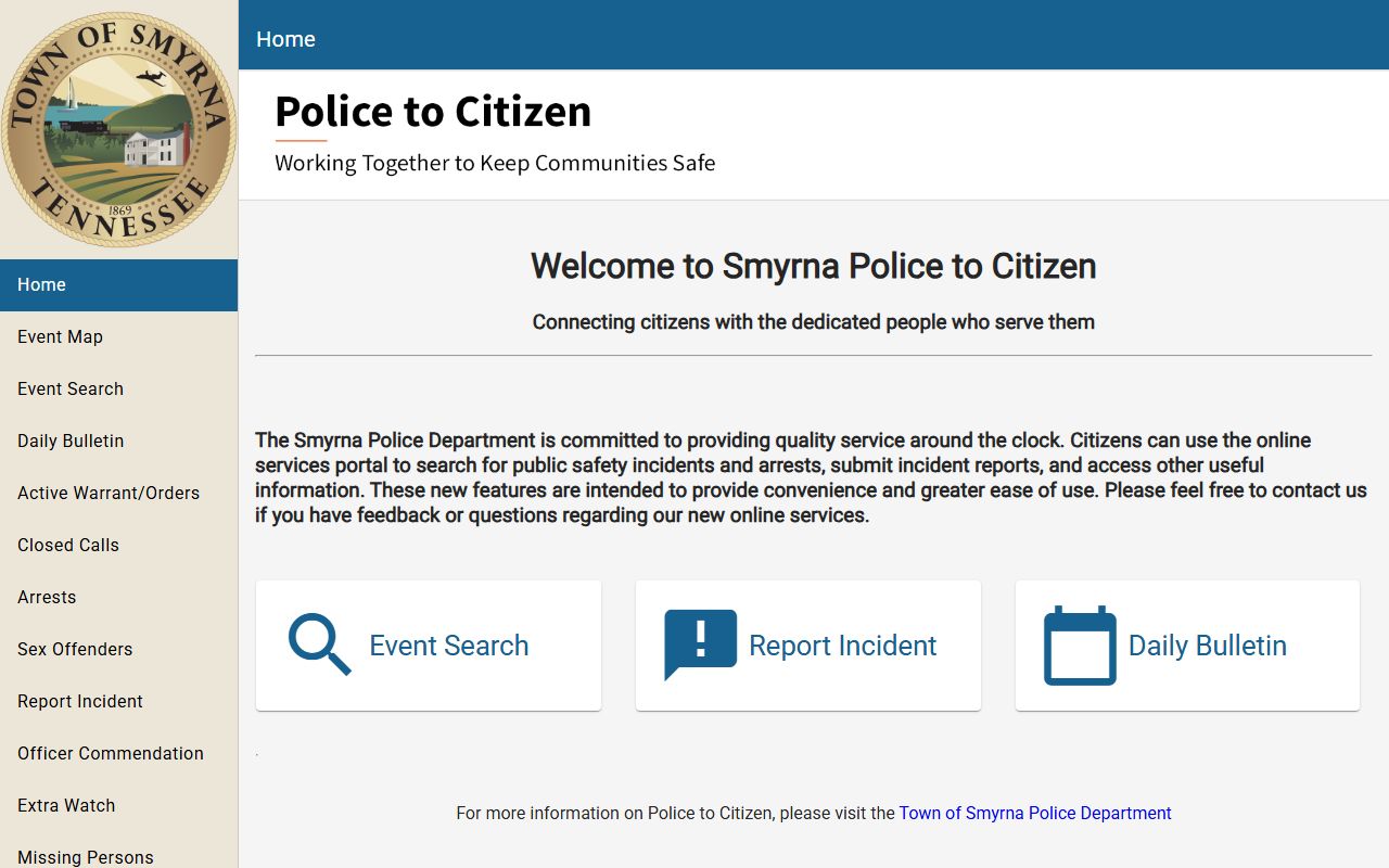Smyrna Police to Citizen portal for searching arrest incidents