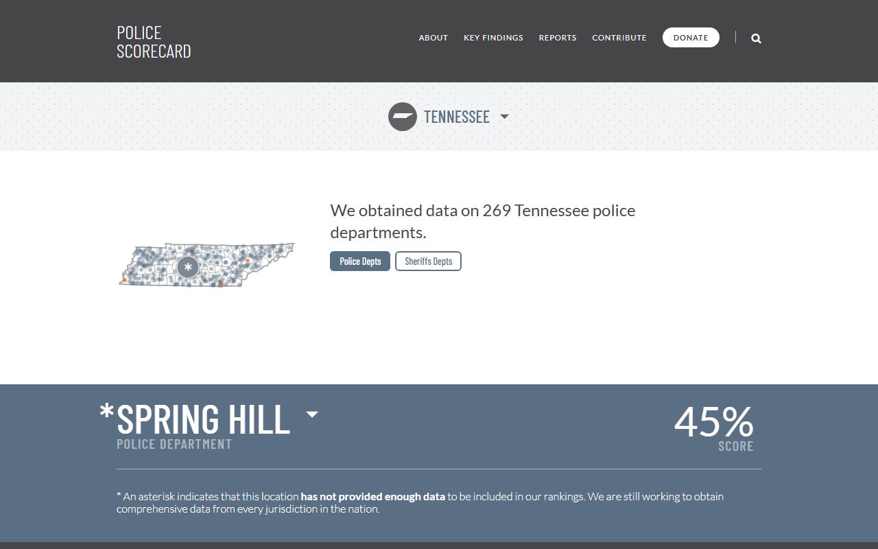 Police Scorecard showing Spring Hill arrest statistics