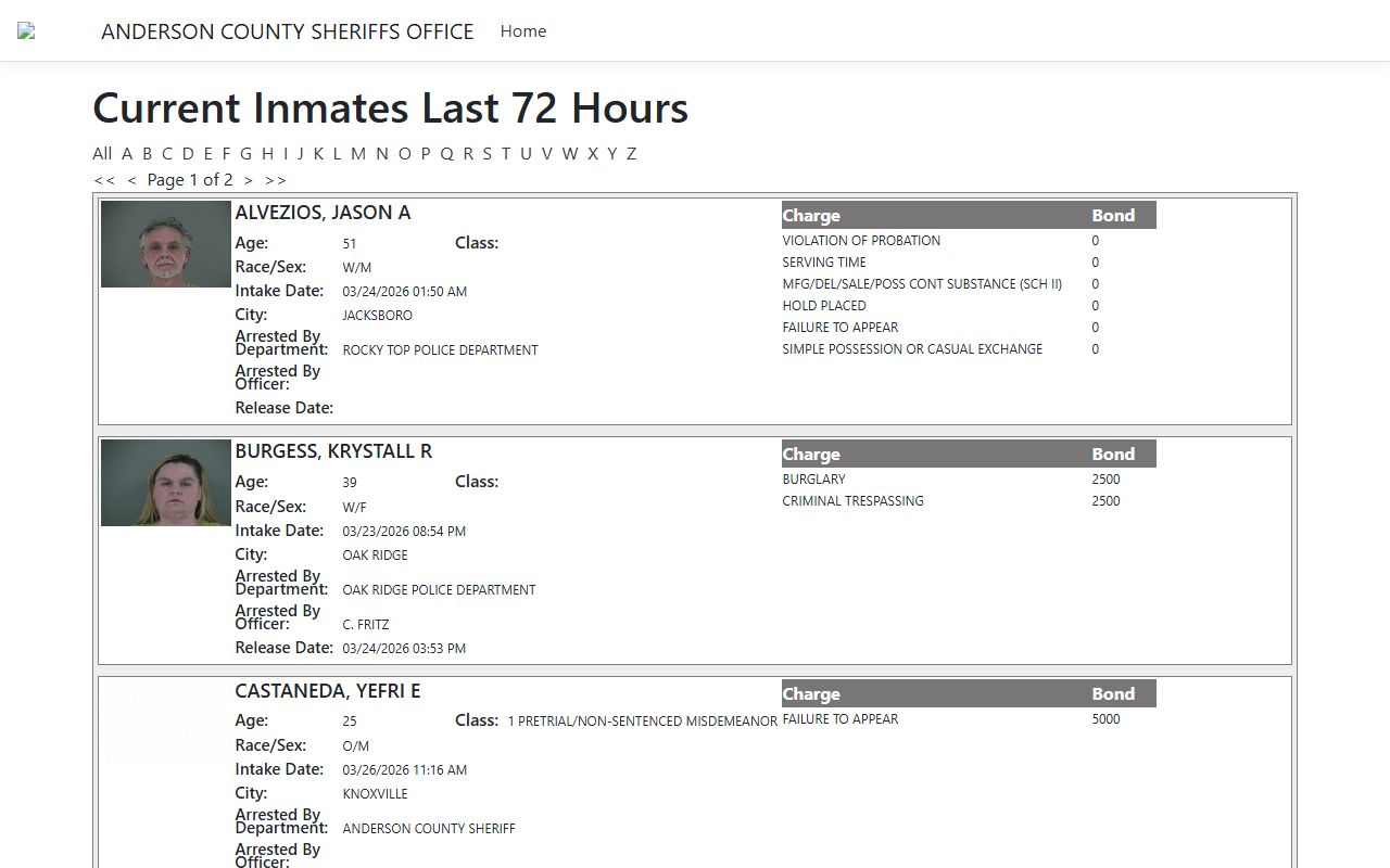 Anderson County 72-hour booking log