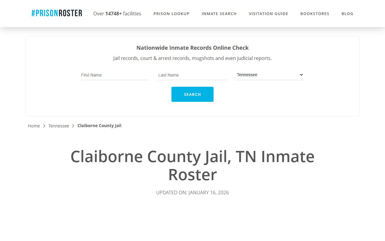 Prison Roster page for Claiborne County inmate search