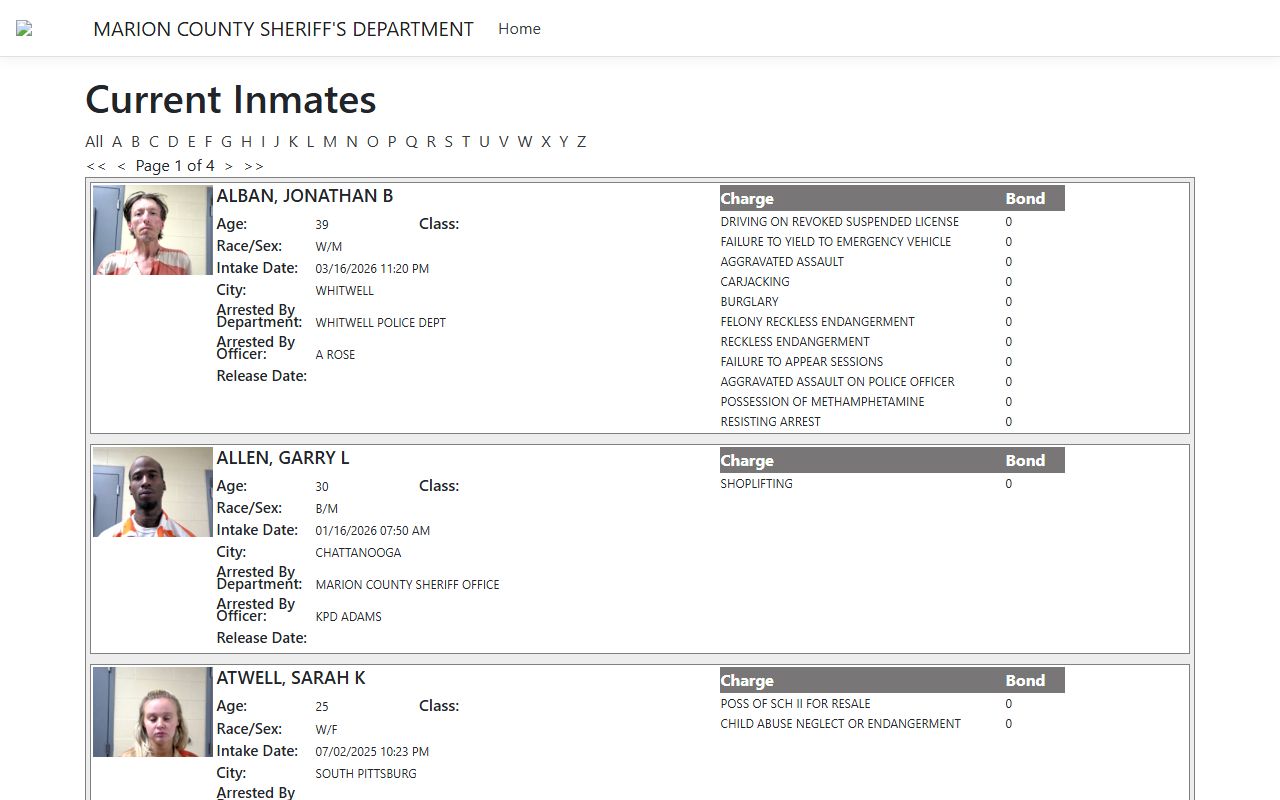 Marion County ISOMS portal showing arrest records and inmate information
