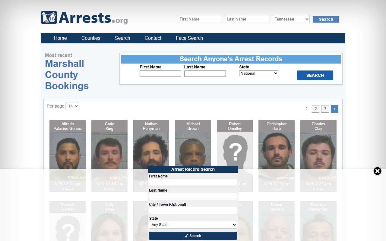 Tennessee Arrests.org showing Marshall County arrest records