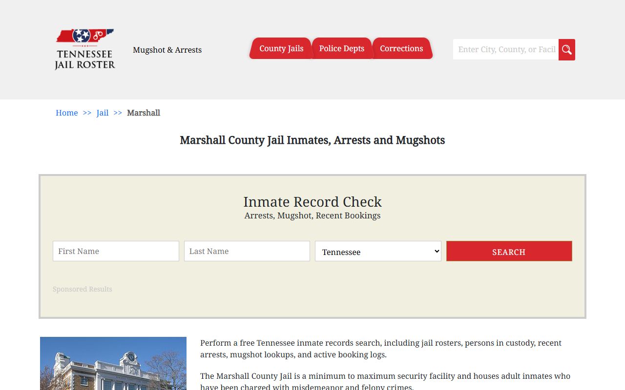Tennessee Jail Roster showing Marshall County arrest records