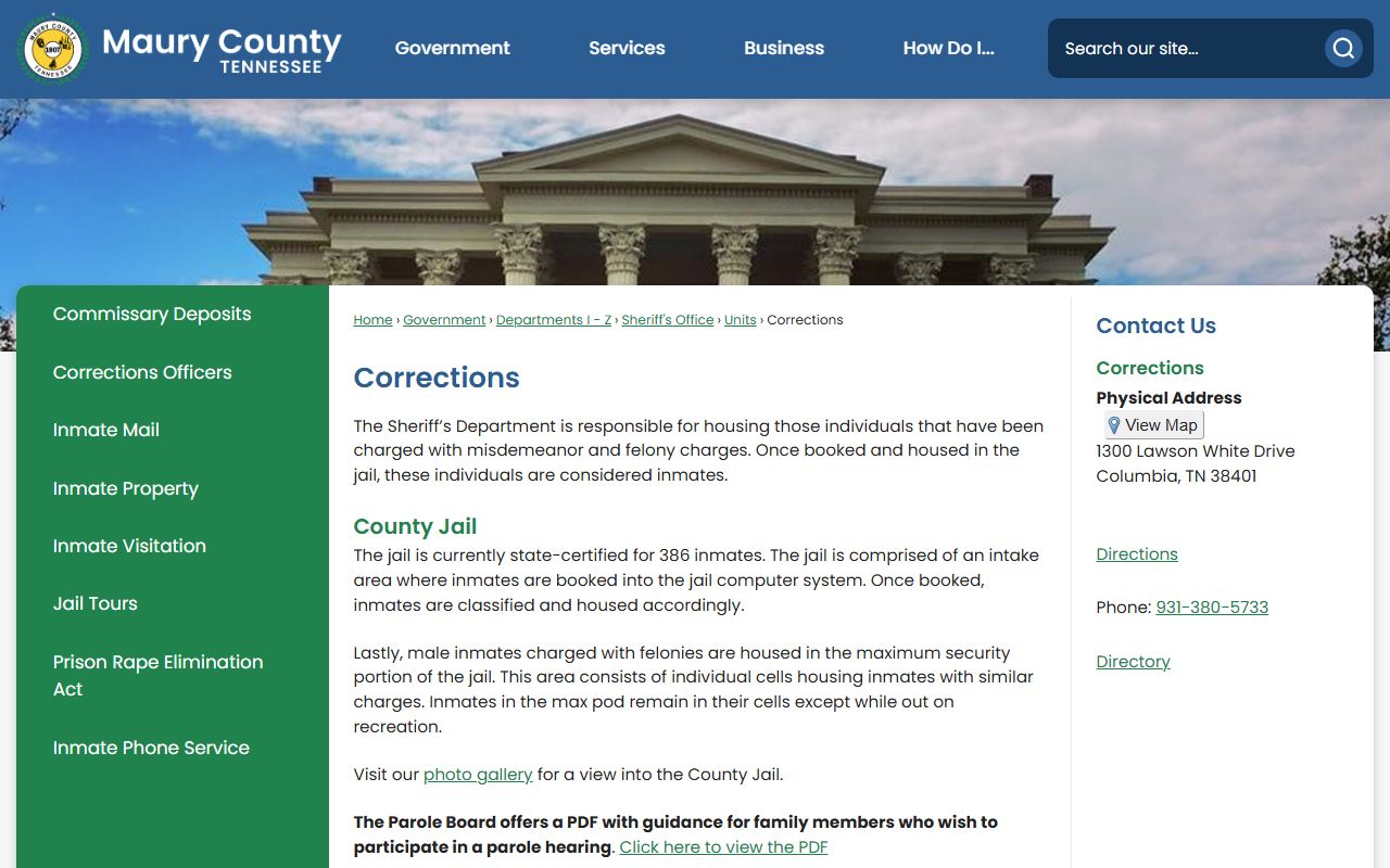 Maury County corrections division page for arrest records