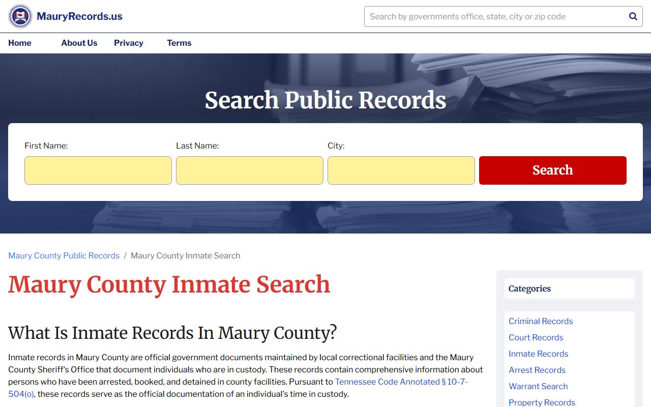 Maury Records inmate search tool for Maury County arrest records