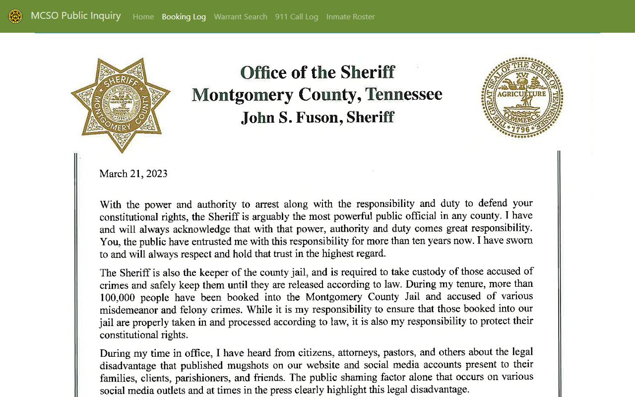 MCSO Public Inquiry showing Montgomery County arrest records