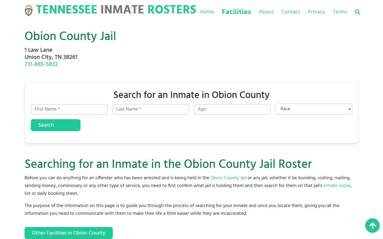 Obion County inmate roster on Tennessee Inmate Rosters