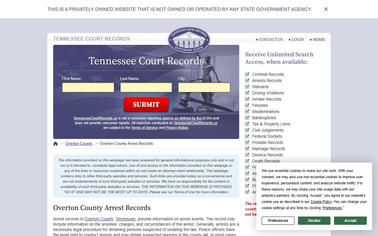 Overton County arrest records on Tennessee Court Records