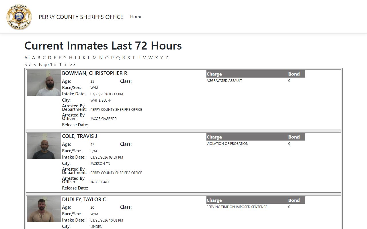 Perry County 72-hour jail intake and release log