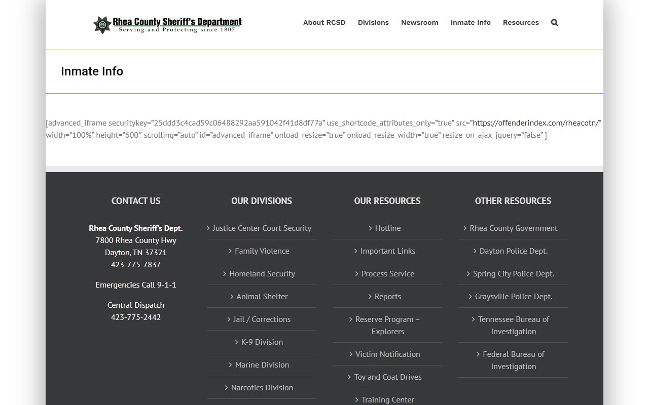 Rhea County inmate information page