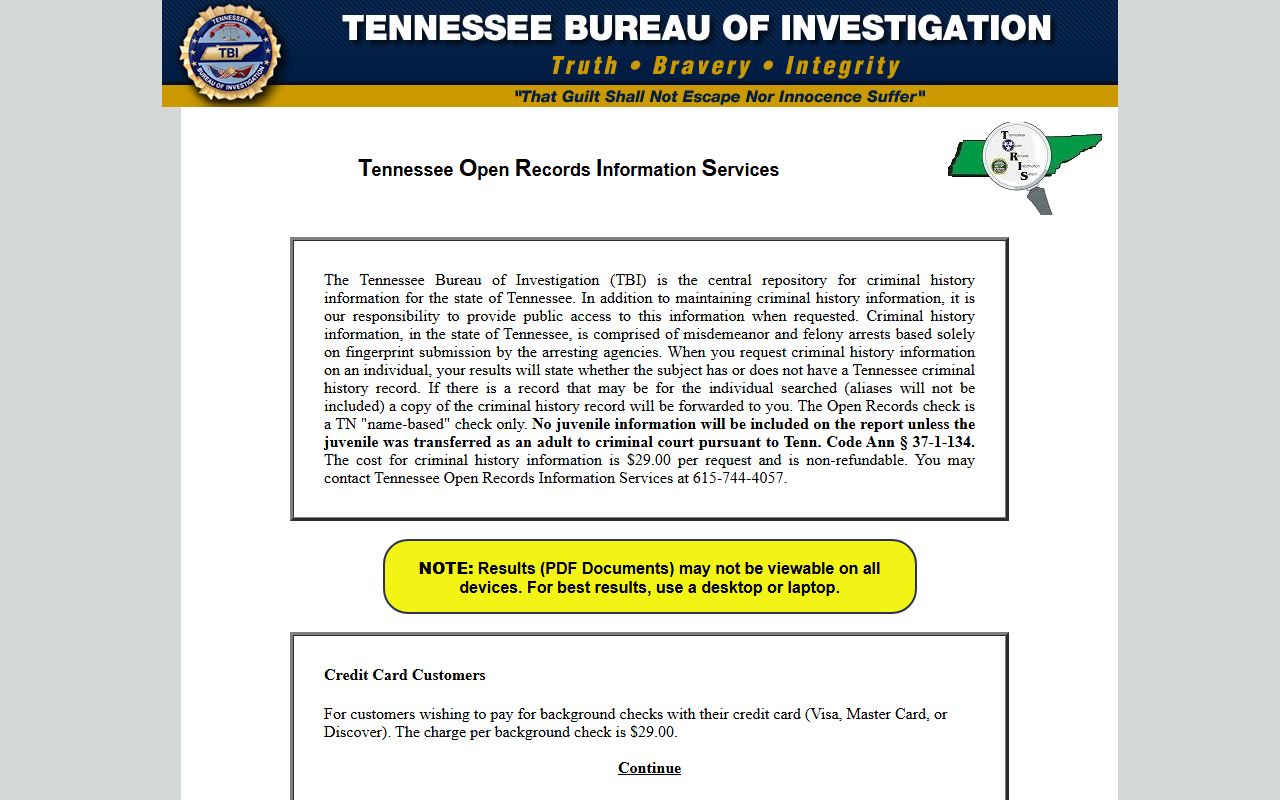 TORIS background check system for Tennessee arrest records